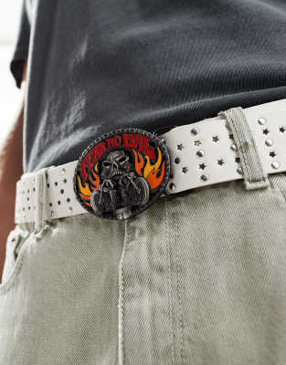 Asos Design Faux Leather Belt With Studs And Decorative Buckle In White