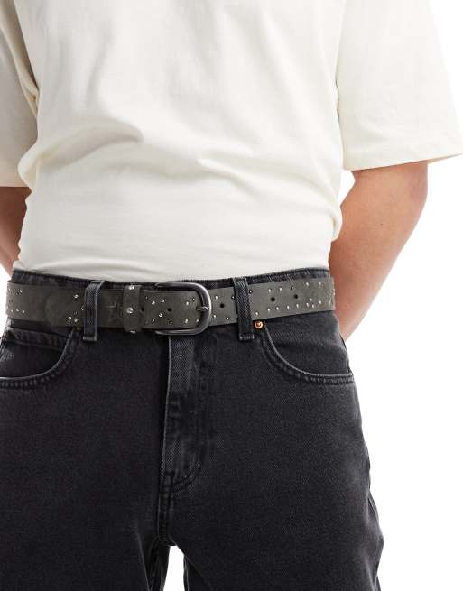 FhyzicsShops DESIGN faux leather belt with studs and stars in vintage gray