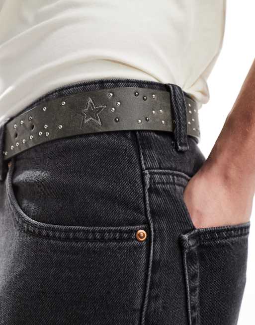 ASOS DESIGN faux leather belt with studs and stars in vintage grey, 4 of 4