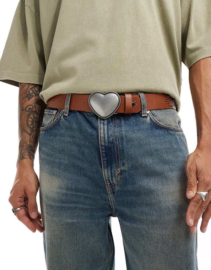 ASOS DESIGN faux leather belt with studs crystals and a heart buckle in brown