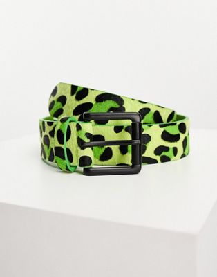 ASOS DESIGN faux leather belt with textured leopard print in lime