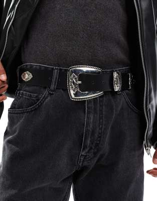 faux leather belt with western buckle and metal details in black