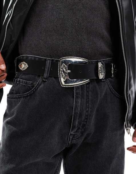 ASOS DESIGN faux leather belt with western buckle and metal details in black - view 1