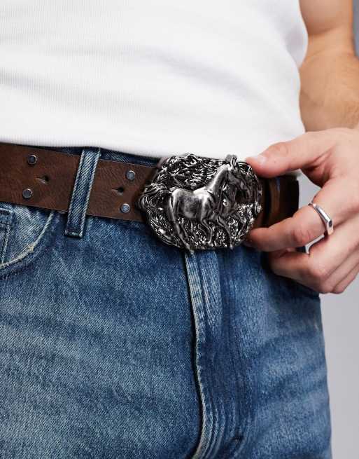 ASOS DESIGN faux leather belt with western buckle and stud detail in distressed brown, 2 of 4
