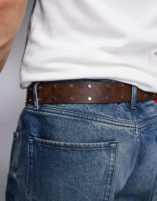 ASOS DESIGN faux leather belt with western buckle and stud detail in distressed brown, 4 of 4