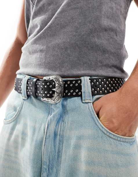 ASOS DESIGN faux leather belt with western buckle and studs in black - view 1