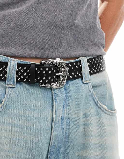 ASOS DESIGN faux leather belt with western buckle and studs in black, 3 of 4