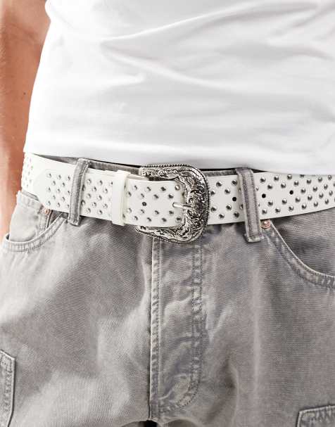 ASOS DESIGN faux leather belt with western buckle and studs in white - view 1