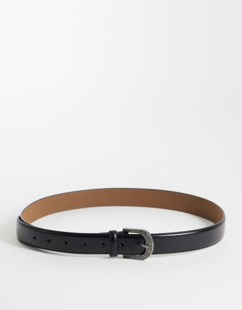 ASOS DESIGN faux leather belt with western pattern buckle and stitch edge in black - view 1