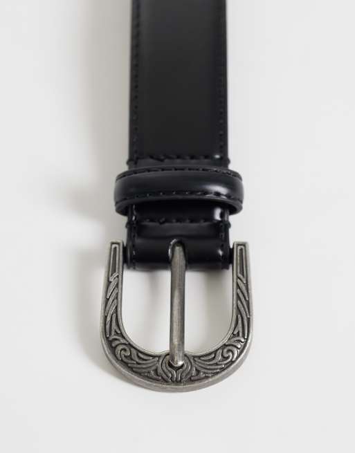 ASOS DESIGN faux leather belt with western pattern buckle and stitch edge in black, 2 of 3