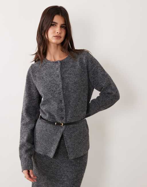 ASOS DESIGN faux leather belted cardigan & midi skirt set in charcoal, 2 of 3