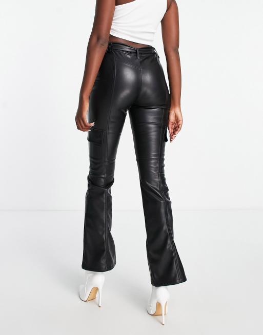 ASOS DESIGN faux leather belted cargo flare pants in black (part of a set)