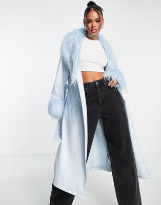 ASOS DESIGN faux leather belted coat with borg trim in blue