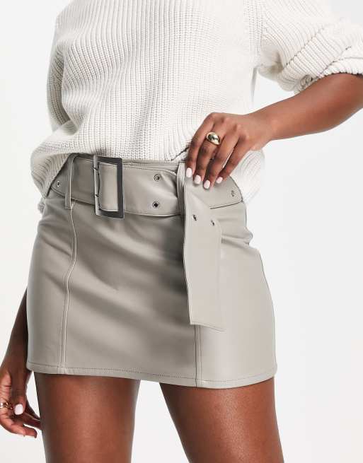 ASOS DESIGN faux leather belted mini skirt in gray