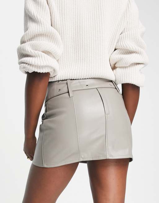 ASOS DESIGN faux leather belted mini skirt in gray