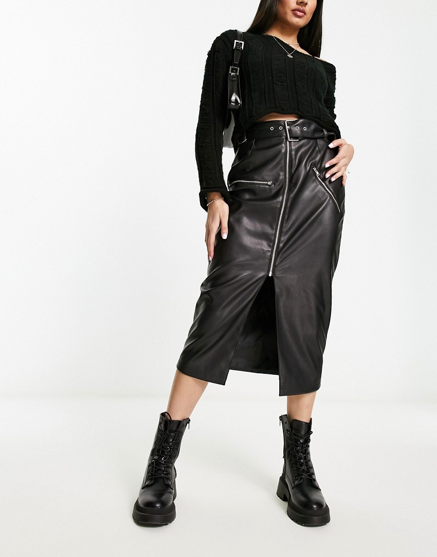 ASOS DESIGN faux leather biker midi skirt with belt in black