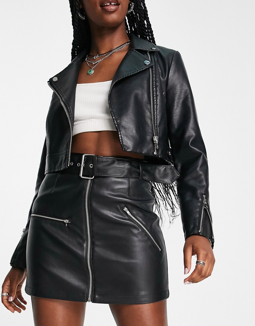 ASOS DESIGN faux leather biker mini skirt with belt in black