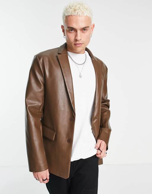 ASOS DESIGN faux leather blazer in brown