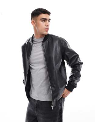 ASOS DESIGN faux leather bomber jacket in black