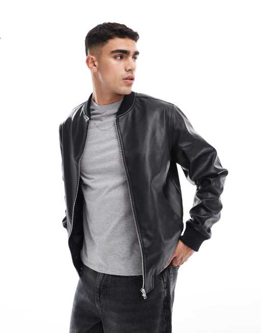 ASOS DESIGN faux leather bomber jacket with collar in black