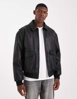 Asos Design Faux Leather Bomber Jacket In Black