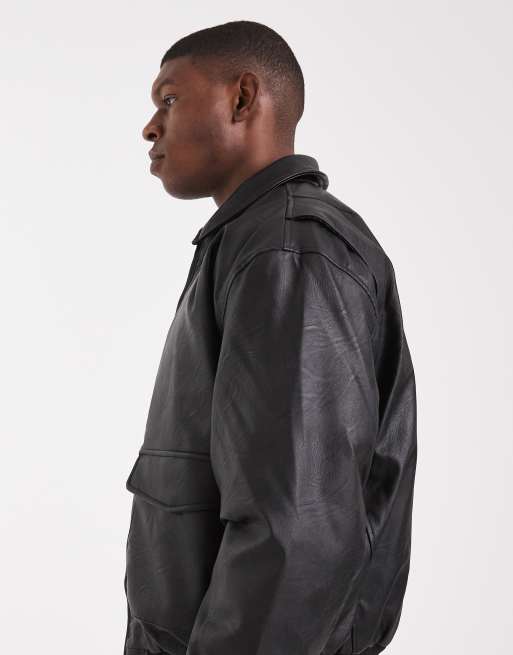 ASOS DESIGN faux leather bomber jacket in black, 4 of 5