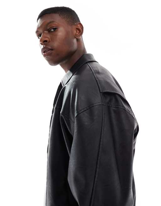 ASOS DESIGN faux leather bomber jacket in black , 4 of 5
