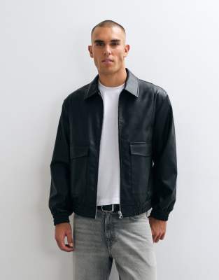 Asos Design Faux Leather Bomber Jacket In Black