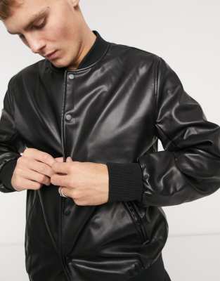 asos design leather bomber jacket in black