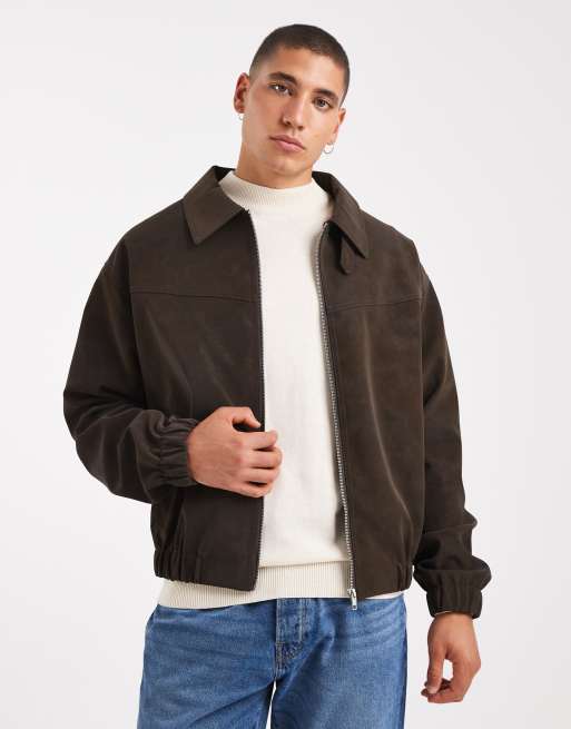ASOS DESIGN faux leather bomber jacket in brown