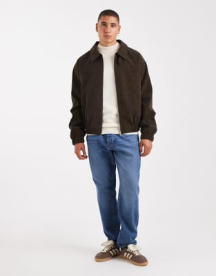 Asos Design Faux Leather Bomber Jacket In Brown