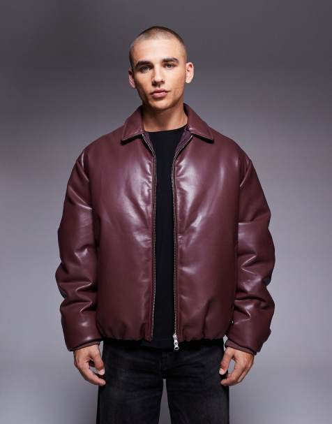 ASOS DESIGN faux leather bomber jacket in burgundy - view 1