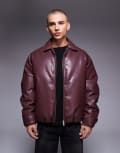 [ASOS DESIGN] ASOS DESIGN faux leather bomber jacket in burgundy-Red 2XS BURGUNDY