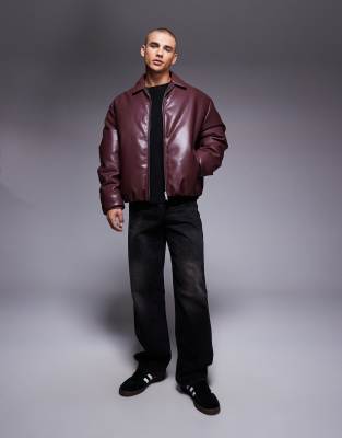 Asos Design Faux Leather Bomber Jacket In Red