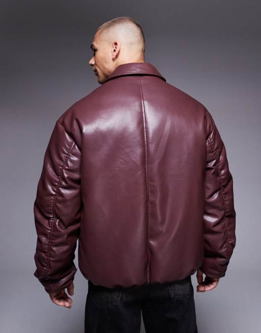 ASOS DESIGN faux leather bomber jacket in burgundy