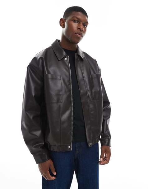 ASOS DESIGN faux leather bomber jacket in dark brown - view 1