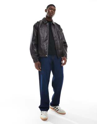 Asos Design Faux Leather Bomber Jacket In Brown