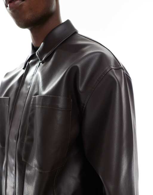 ASOS DESIGN faux leather bomber jacket in dark brown
