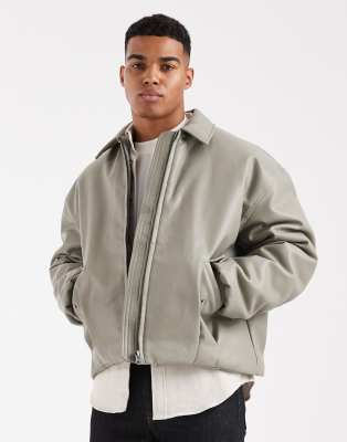 Asos Design Faux Leather Bomber Jacket In Green