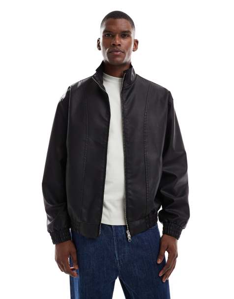ASOS DESIGN faux leather bomber jacket in washed black - view 1