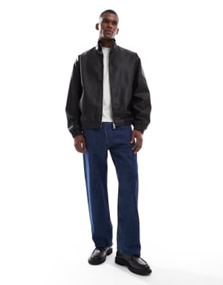 Asos Design Faux Leather Bomber Jacket In Black