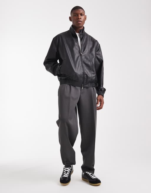 ASOS DESIGN faux leather bomber jacket in washed black , 2 of 5