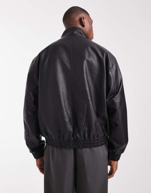 ASOS DESIGN faux leather bomber jacket in washed black , 3 of 5