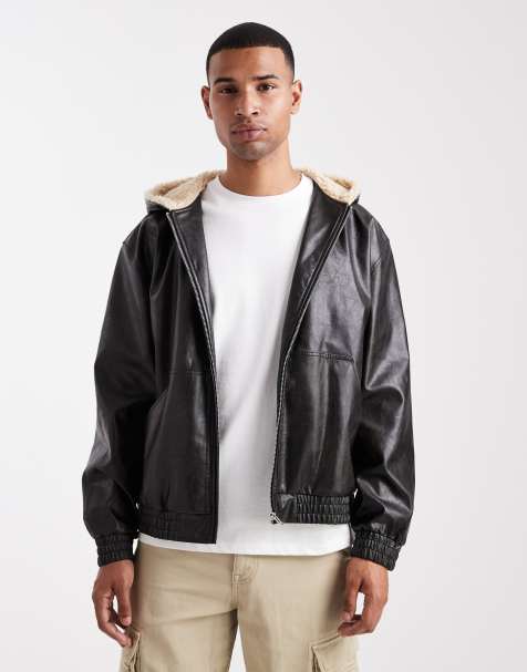 ASOS DESIGN faux leather bomber jacket with borg lined hood in black - view 1