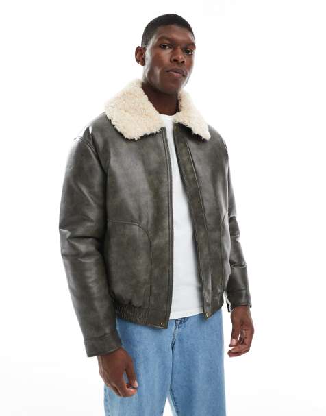 ASOS DESIGN faux leather bomber jacket with contrast borg collar in dark green - view 1
