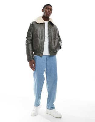 Asos Design Faux Leather Bomber Jacket With Contrast Borg Collar In Green