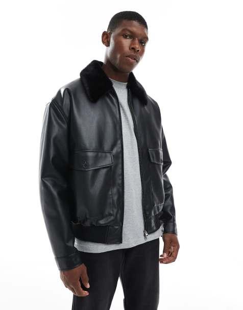 ASOS DESIGN faux leather bomber jacket with faux fur collar in black - view 1