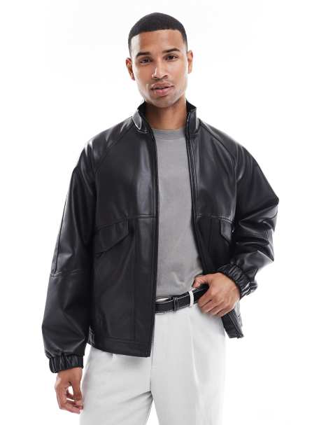 ASOS DESIGN faux leather bomber jacket with funnel neck in black - view 1