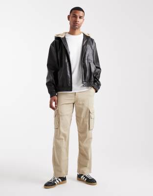 Asos Design Faux Leather Bomber Jacket With Teddy Lined Hood In Black