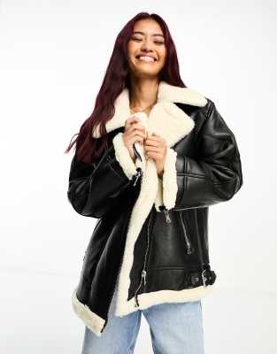 Asos Design Faux Leather Bonded Borg Aviator In Black In Black